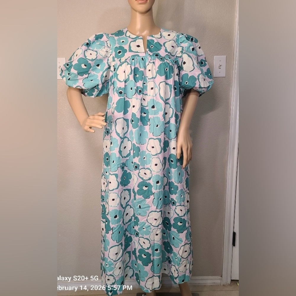 Pinch Floral Puff Sleeve Maxi Dress in Teal and White Large
